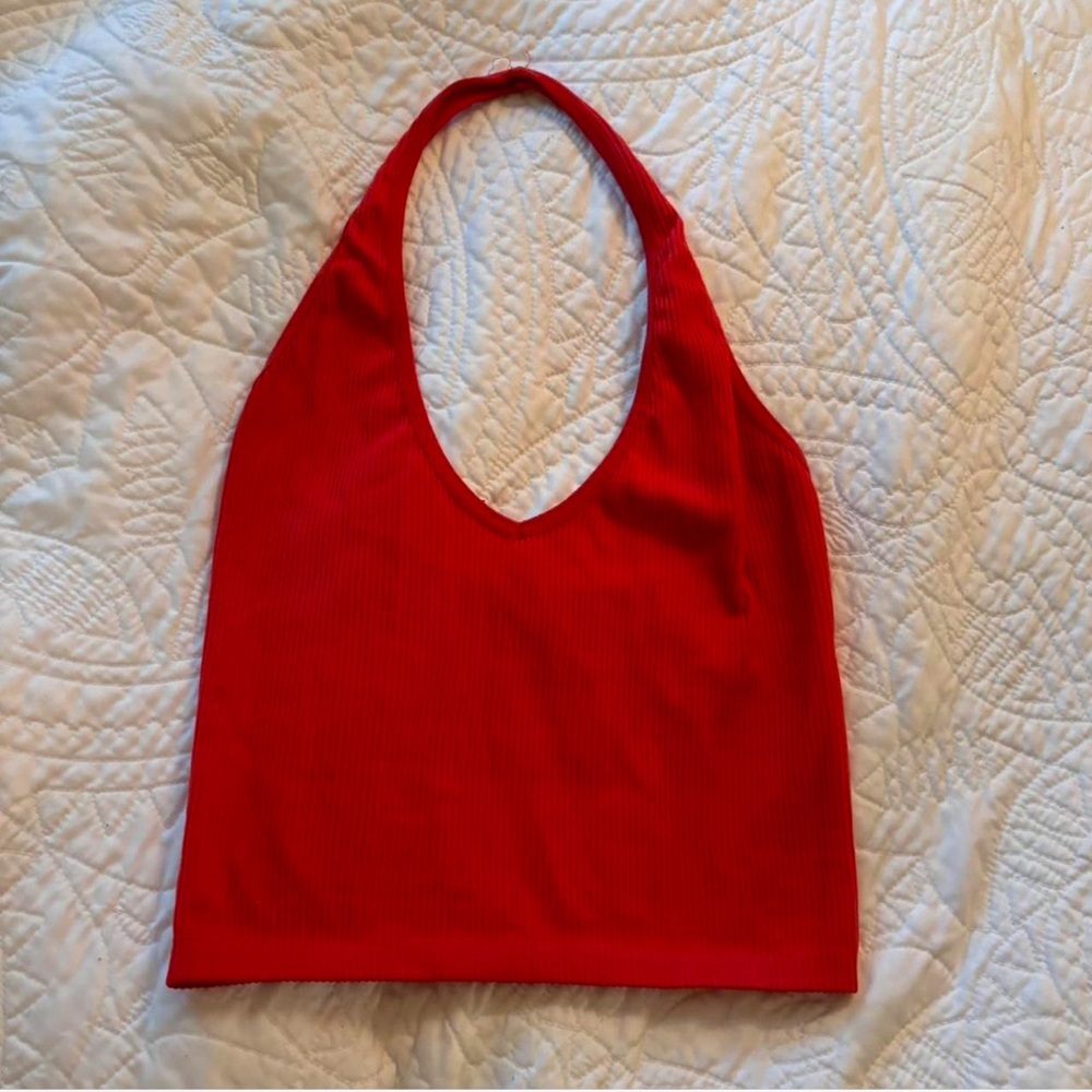 Red Ribbed Halter Top - Picture 2 of 3